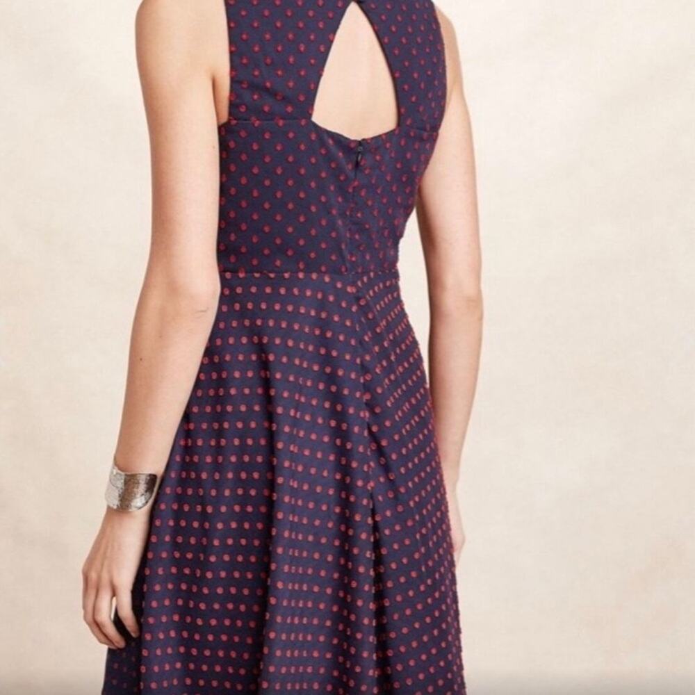 Eva Franco Women's Mary Ann lined Ruffle Dress in Navy/Red Polka Dots. - Picture 2 of 8